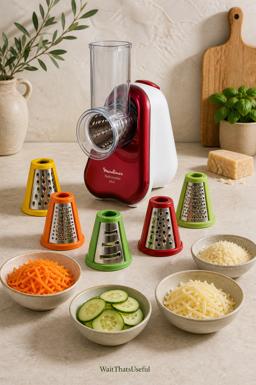 Electric grater with five colorful cone attachments