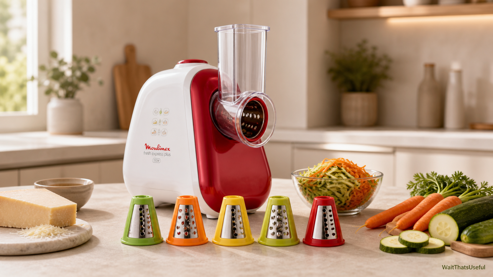 Moulinex Fresh Express Plus with color-coded attachments