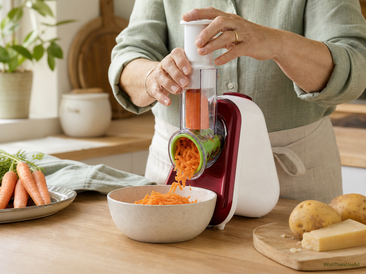 Older hands using a food pusher to grate a carrot into a bowl
